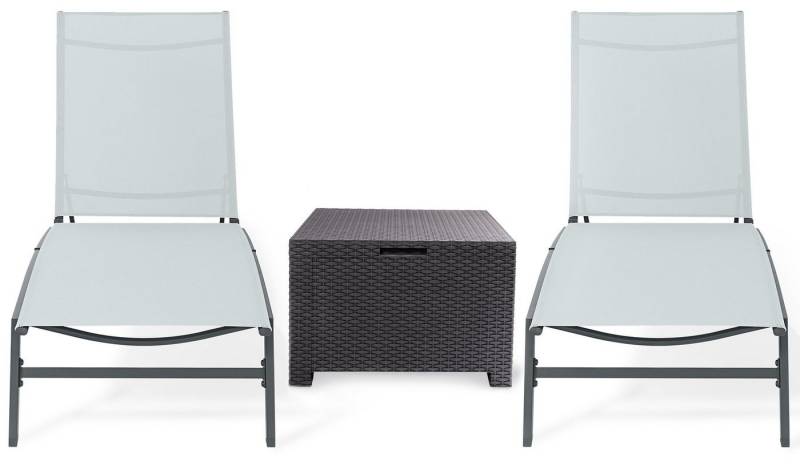 ONDIS24 Gartenliege Sonnenliegen 2er Set mit Beistelltisch/Kissenbox im Rattan Design, Metall Relaxliegen Pool Set, wetterfest, UV-beständig von ONDIS24
