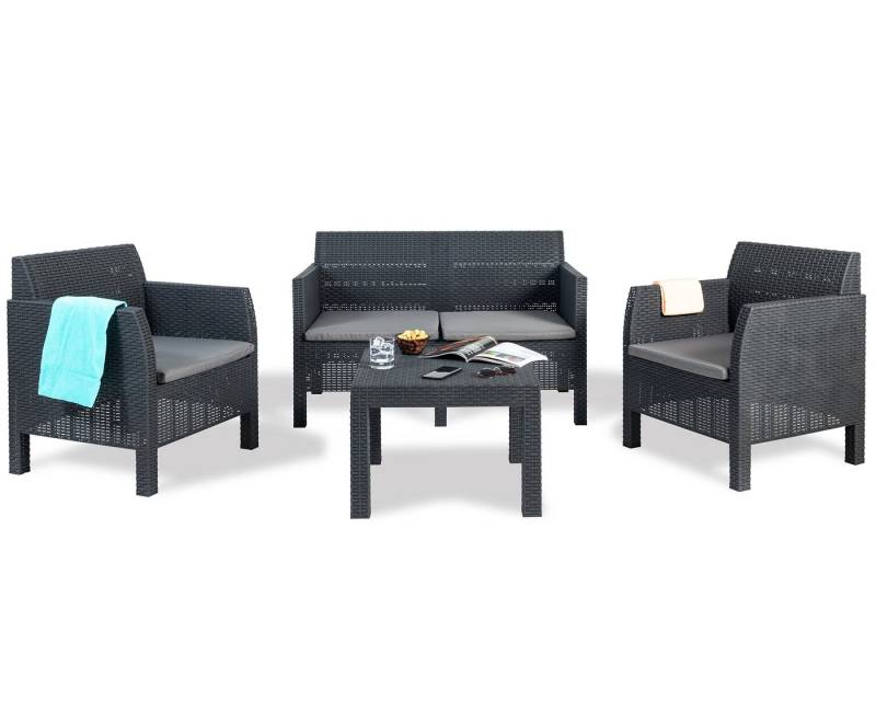 ONDIS24 Loungeset Madrid, (Gartenmöbel Set inklusive Tisch, Sofa und Sessel, 4-tlg), UV- und wetterbeständig, recycelter Kunststoff, Bezüge abnehmbar & waschbar von ONDIS24