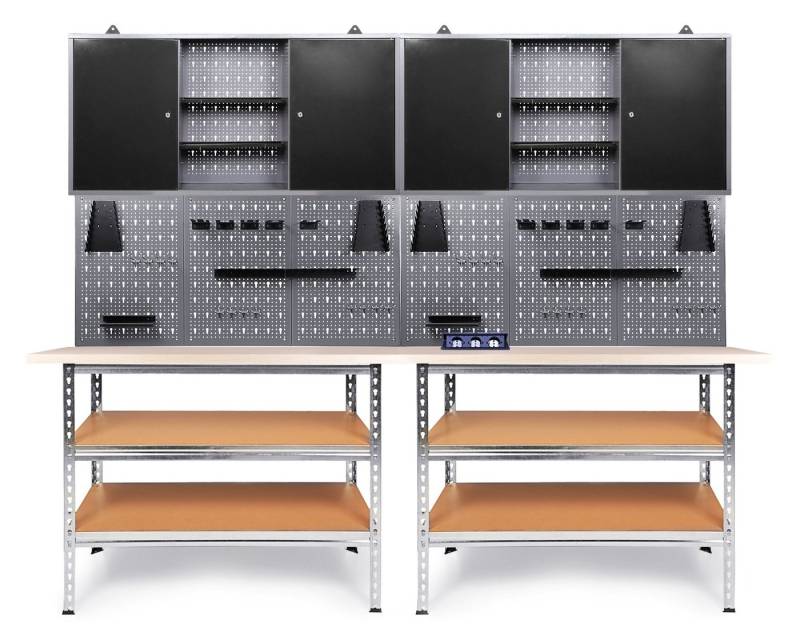 ONDIS24 Werkstatt-Set 240 cm Werkbank Uwe, Metall, Lochwand mit Hakensortiment, (7-tlg), 2 Werkstattschränke Arbeitshöhe 92 cm B/T/H 240 x 60 x 212 cm von ONDIS24