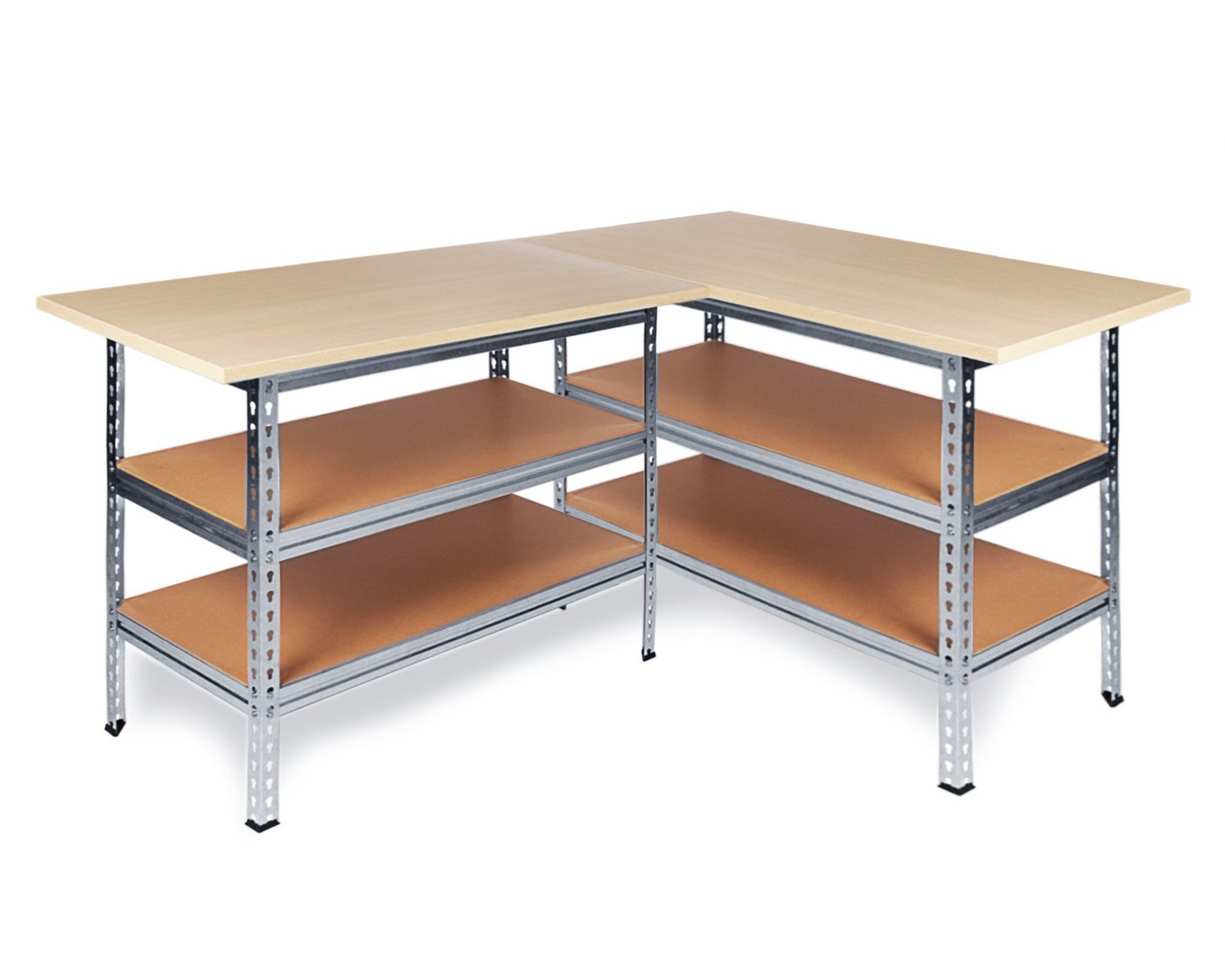 ONDIS24 Werkstatt-Set Ecklösung Sparfuchs-Uwe 180 x 120 x 92 cm (H), 2X Werkbank aus Metall, melaminbeschichtete Arbeitsplatte, Problemlöser für Ecke von ONDIS24