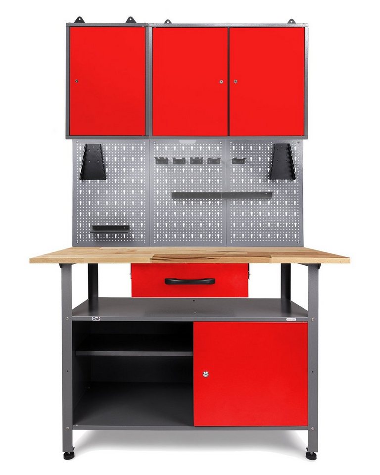 ONDIS24 Werkstatt-Set Werkstatt-Set, 120 cm, mit LED, Werkstattschrank, Lochwand, Hakensortiment, Arbeitshöhe 85 cm von ONDIS24