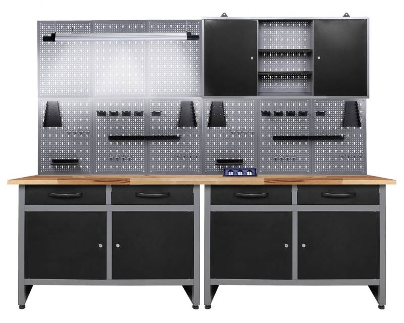 ONDIS24 Werkstatt-Set Werkstatt Werkstatteinrichtung 240cm Komplettset, mit LED Bluetooth Lautsprechern, inkl. versenkbare Steckdosenleiste von ONDIS24