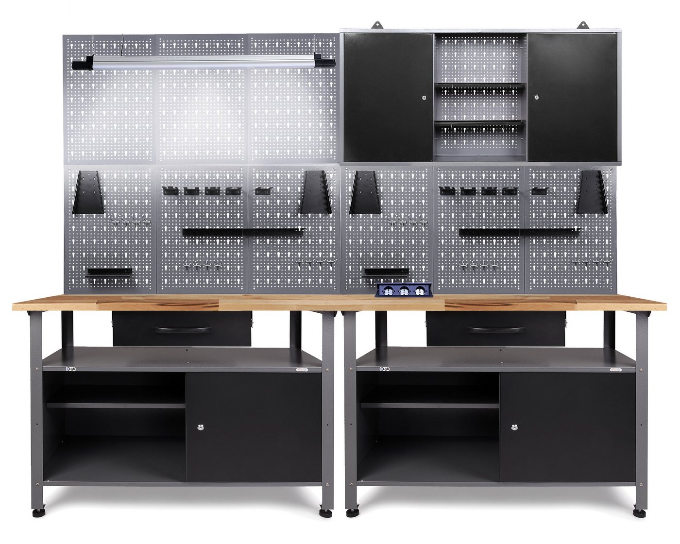 ONDIS24 Werkstatt-Set Werkstatt Werkstatteinrichtung 240cm Komplettset, mit LED und Bluetooth Lautsprechern inkl. versenkbare Steckdosenleiste von ONDIS24