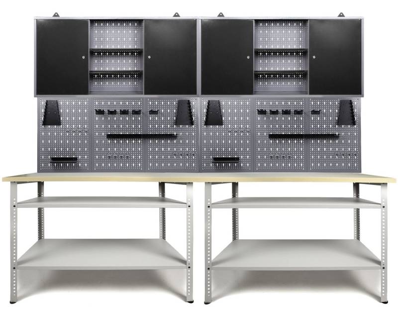 ONDIS24 Werkstatt-Set Werkstatteinrichtung 240 cm Werkbank Nobbi Pro, Metall, Lochwand mit Hakensortiment, 2 Werkstattschränke von ONDIS24