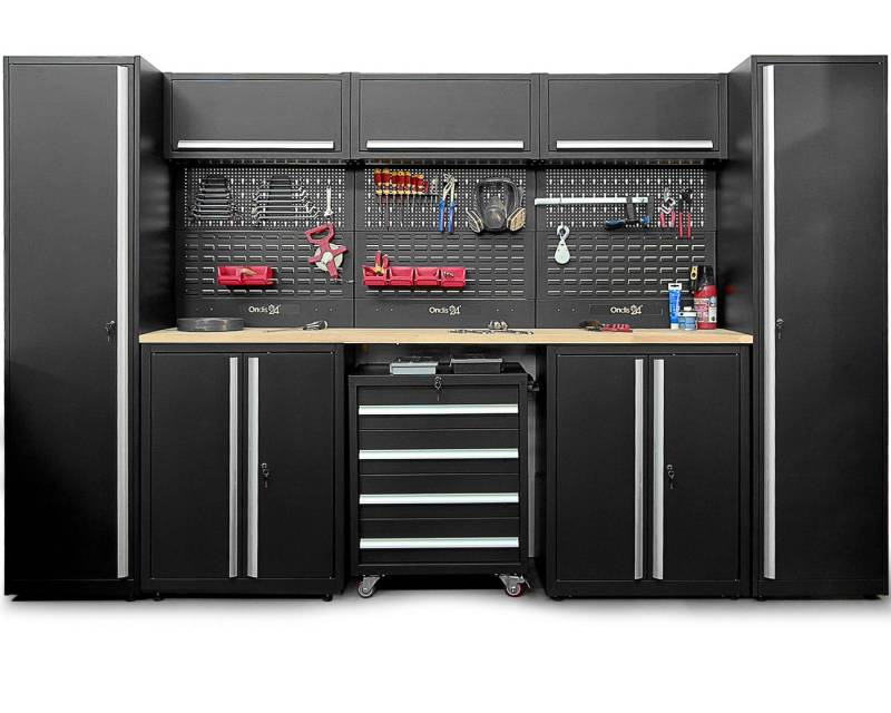 ONDIS24 Werkstatt-Set Werkstatteinrichtung XXL SteelMaster 2.0 325 x 55 x 202 cm (11 tlg), schwarzer Stahl, Werkbank, Werkzeugschränke, Buchenholzarbeitsplatte von ONDIS24