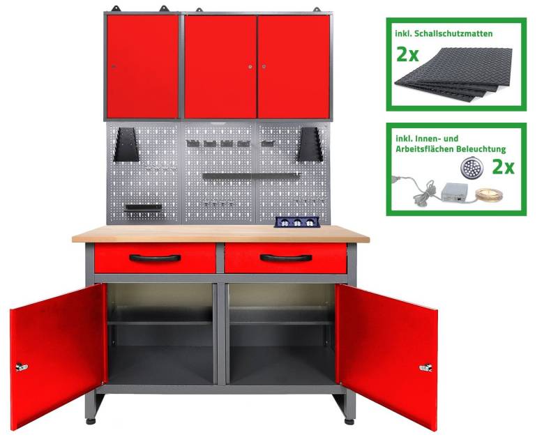 ONDIS24 Werkstatt-Set Werner Plus 120 cm rot inklusive Einrichtungspaket 2 Werkzeuschränke, Lochwand, abschließbare Türen, kugelgelagerte Schubladen von ONDIS24