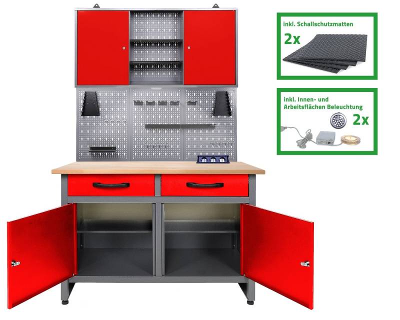 ONDIS24 Werkstatt-Set Werner Plus 120 cm rot inklusive Einrichtungspaket 2 Werkzeuschränke, Lochwand, abschließbare Türen, kugelgelagerte Schubladen von ONDIS24