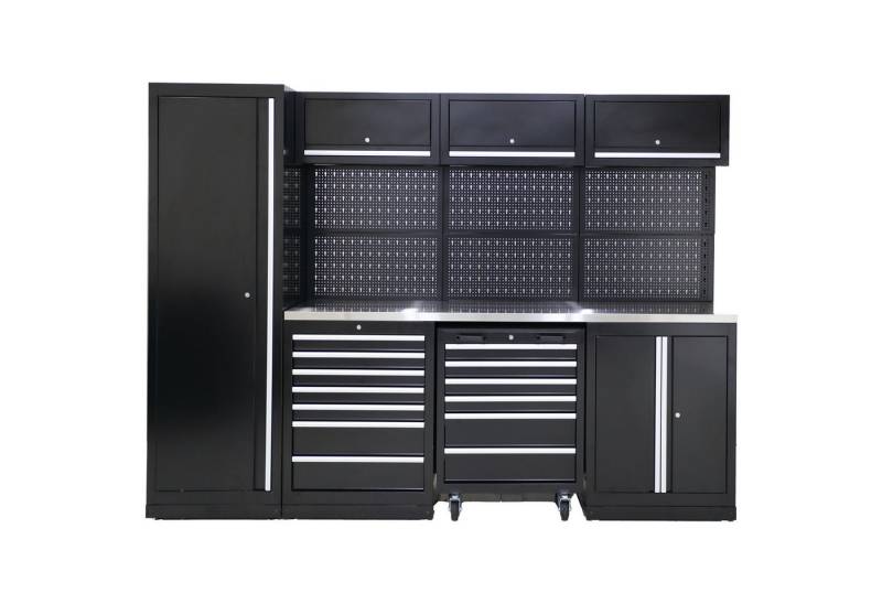 ONDIS24 Werkstatt-Set XL Komplett Set 260 / 264 cm Männerküche Werkstattrichtung modular, (10-tlg), mit Edelstahlarbeitsplatte, Werkzeugschränke, Werkbank mit Schubladen von ONDIS24