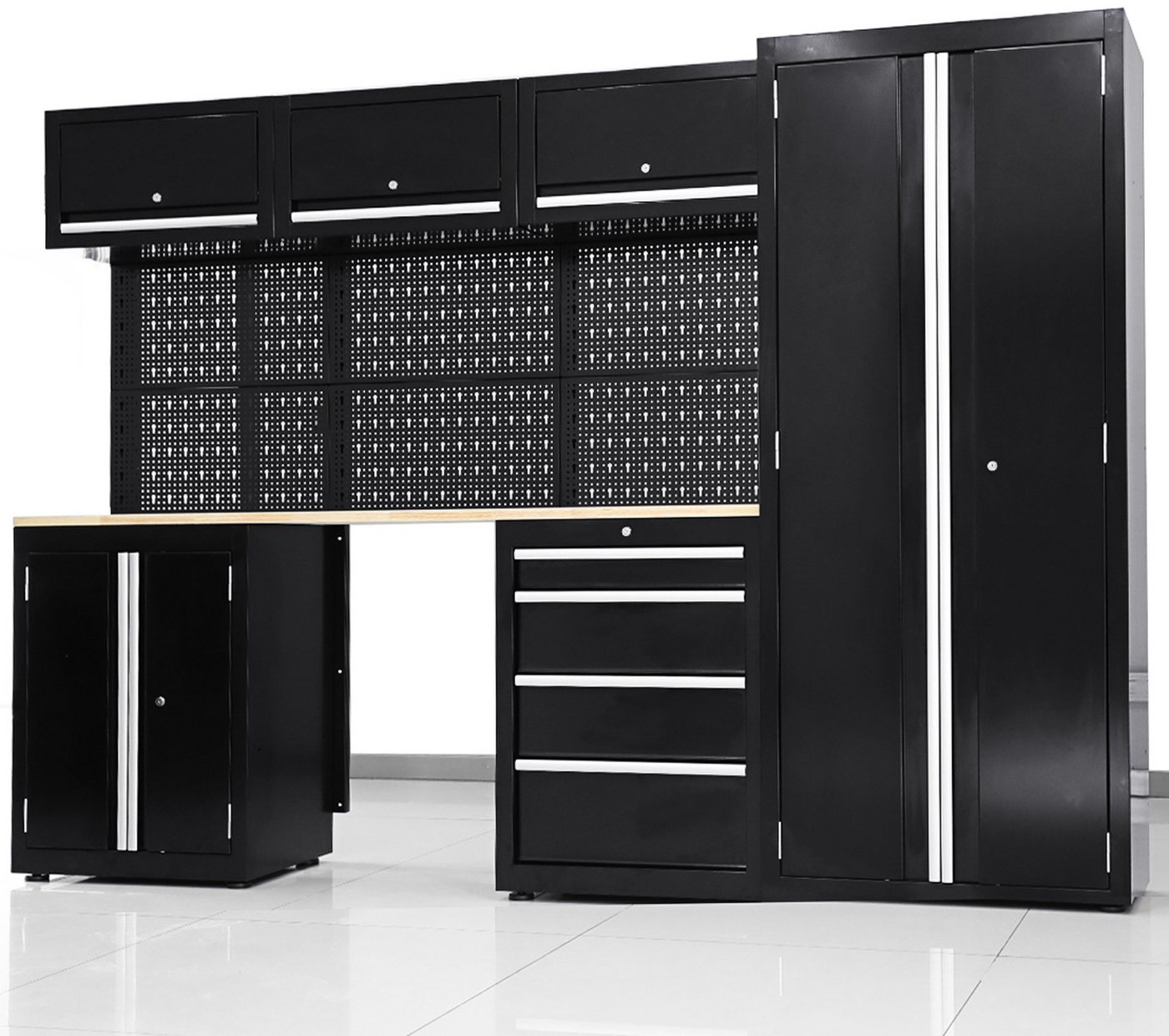 ONDIS24 Werkstatt-Set XL Komplett Set 260cm Männerküche Werkstattrichtung modular, (9-tlg), mit Holzarbeitsplatte, Werkzeugschränke, Werkbank mit Schubladen von ONDIS24