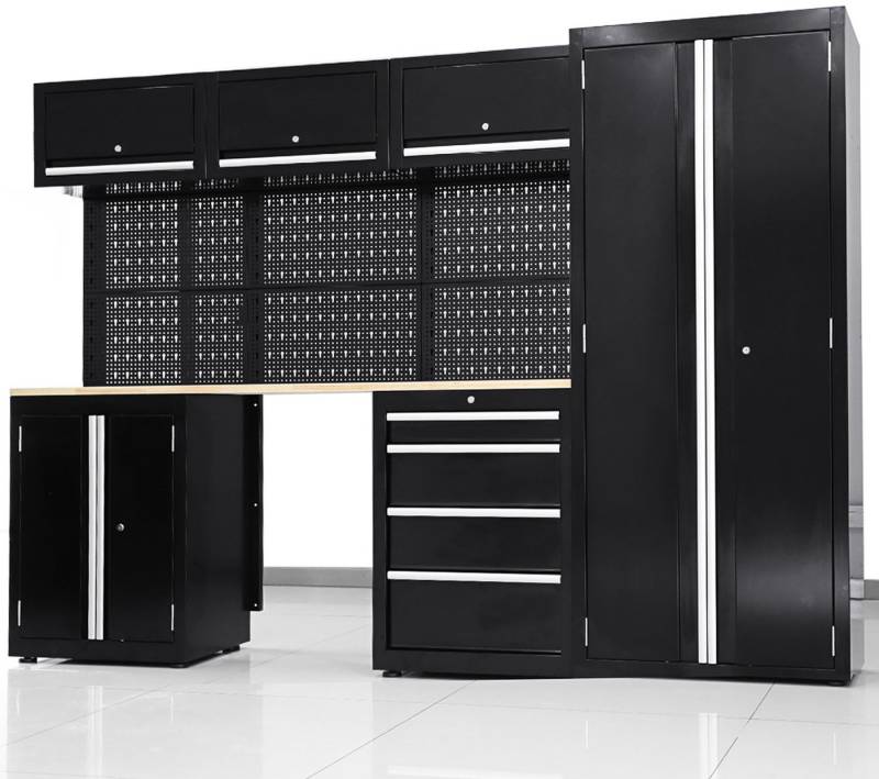 ONDIS24 Werkstatt-Set XL Komplett Set 260cm Männerküche Werkstattrichtung modular, (9-tlg), mit Holzarbeitsplatte, Werkzeugschränke, Werkbank mit Schubladen von ONDIS24