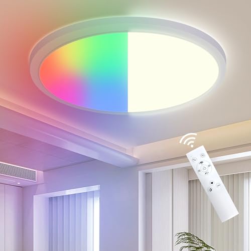 ONDTA LED Deckenleuchte Dimmbar LED Panel Ø57cm, 45W RGB Neutralweiß 4000K Deckenlampe mit Fernbedienung, IP44 Rund Küchenlampe Badezimmer lampe für Wohnzimmer Schlafzimmer Spielzimmer Kinderzimmer von ONDTA