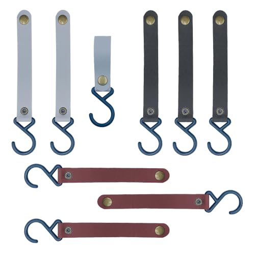 ONEBO 9 Stück Leder-S-Haken,S Haken Mit Lederschlaufe,Lederriemen mit Haken,zum Aufhängen, Campinghaken, Lenker-Haken für Mantel, Handtuch, Küche, Badezimmer(3 Farben) von ONEBO