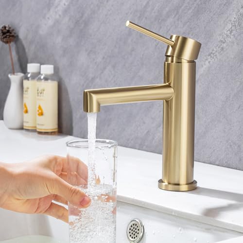 ONECE Waschtischarmatur Mattgold Edelstahl - Badarmatur Mischbatterie mit 105mm Auslaufhöhe & abnehmbarem Luftsprudler - Hochdruck Armatur für Waschbecken (Montagefreundlich, Rostfrei) von ONECE