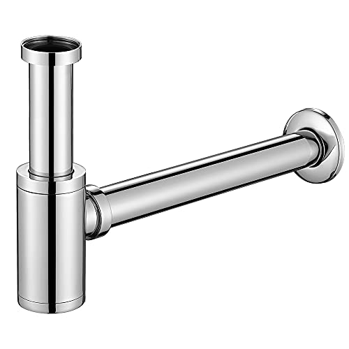 ONECE Edelstahl Siphon für Waschbecken, Universal Abflussrohr 1 1/4″ × 32 mm, Röhrensiphon mit Reinigungsöffnung, Geruchsverschluss, Gummimanschette & Wandabdeckung, Chrom von ONECE