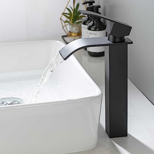 ONECE Wasserhahn Bad Hoch Schwarz, Wasserfall Armatur für Aufsatzwaschbecken, Waschtischarmatur hohe Waschraumarmatur mit Auslaufhöhe 200mm, Einhebel Wasserfallarmatur, Schwarz von ONECE