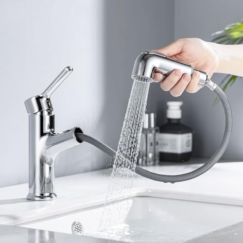 ONECE Wasserhahn Bad ausziehbar, Waschtischarmatur mit Brause, Badarmatur Waschbecken Armatur für Badezimmer, Waschbeckenarmatur Mischbatterie, Chrom von ONECE