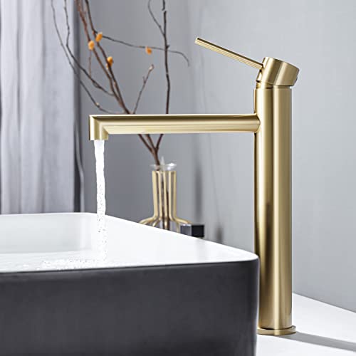 ONECE Waschbeckenarmatur Gold, Waschtischarmatur Hoch mit Auslaufhöhe 204 mm, Hohe Armatur für Aufsatzwaschbecken, mit abnehmbar Bubbler, vertikaler-Auslauf Design, Badarmatur Gold von ONECE