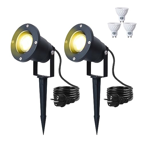 ONECORN Gartenleuchte mit Erdspieß 4W LED Gartenstrahler mit GU10 IP66 Wasserdicht Gartenlampe mit Stecker Warmweiß 3000K Led Strahler für Außen Garten Rasen Baum Wiese(2er Pack) von ONECORN