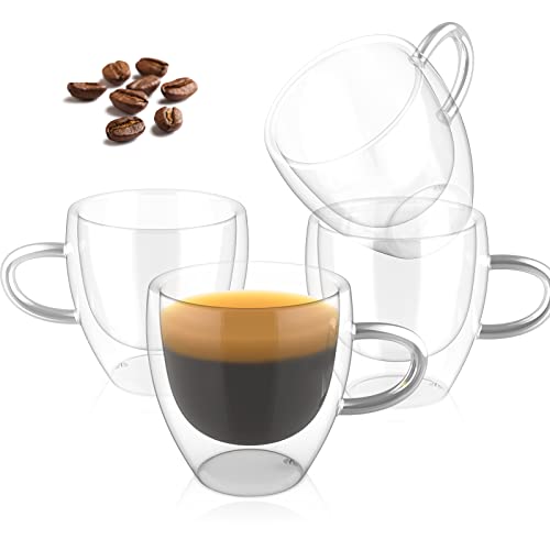 ONEDONE Espresso-Tassen-Set, doppelwandig, Glas, mundgeblasen, Espresso-Schnapsglas, thermoisoliert, Expresso-Kaffeetassen mit Griff, kleine Demitasse-Tassen für Espressomaschinen, 4 Stück von ONEDONE