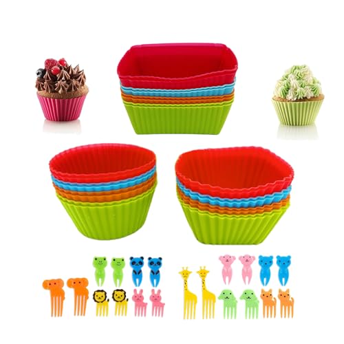 44 Pcs Silikon Lunch Box Teiler Set, Beinhaltet 24-wiederverwendbare Silikon Cupcake Backschalen und 20-nette Tierfutter Picks von ONEINHE