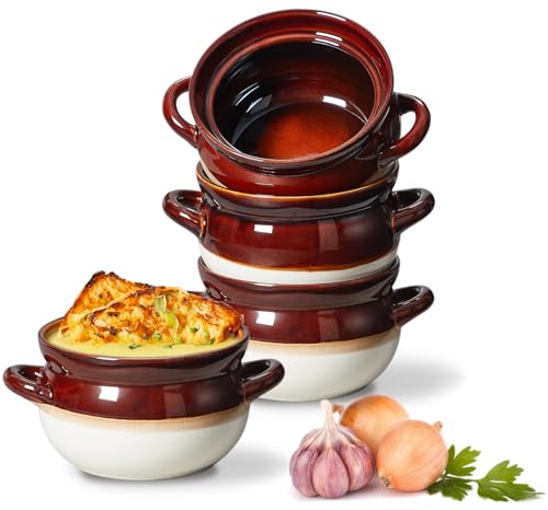 ONEMORE Französische Zwiebel-Suppenschüsseln, ofenfeste Suppentöpfe mit Griffen, 800 ml, große Keramikschalen für Chili, Rindfleischeintopf, Müsli, Topfkuchen, Aufläufe - Bauernhaus-Stil, mikrowellen von ONEMORE