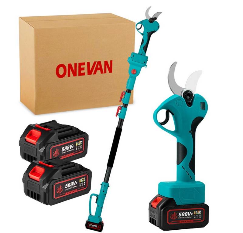 ONEVAN Akku-Astschere Teleskop 45cm Elektrische Gartenschere, 2m Teleskopstange, (mit 2x Akku), 2 in 1 Astschere Teleskop für Baum und Gartenpflege von ONEVAN