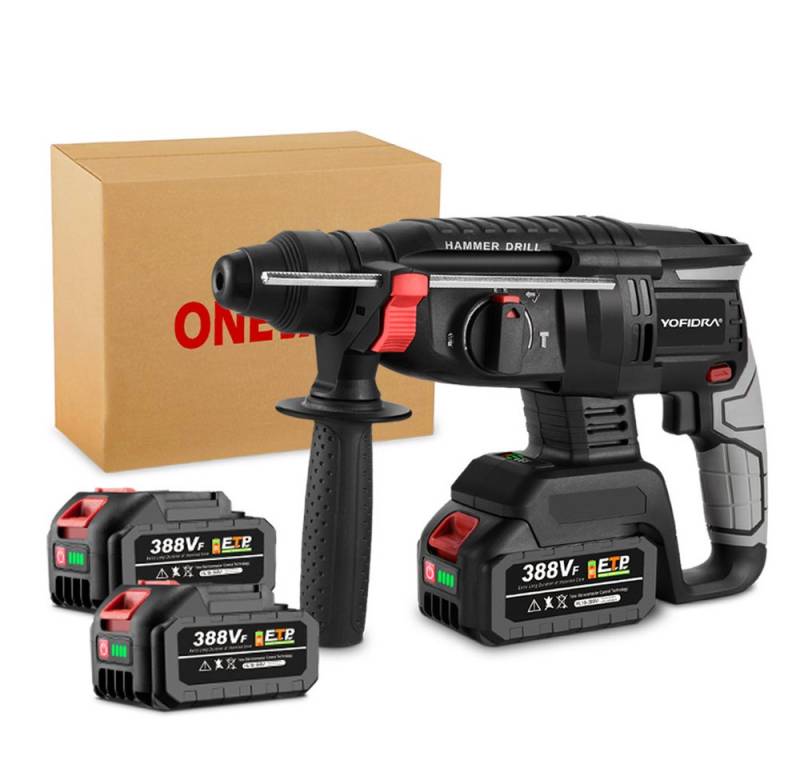 ONEVAN Akku-Bohrhammer 4-in-1 Akku-Schlagbohrer SDS-plus mit bürstenlosem Motor, 2 Akku-Set mit Ladegerät – professionell & privat von ONEVAN