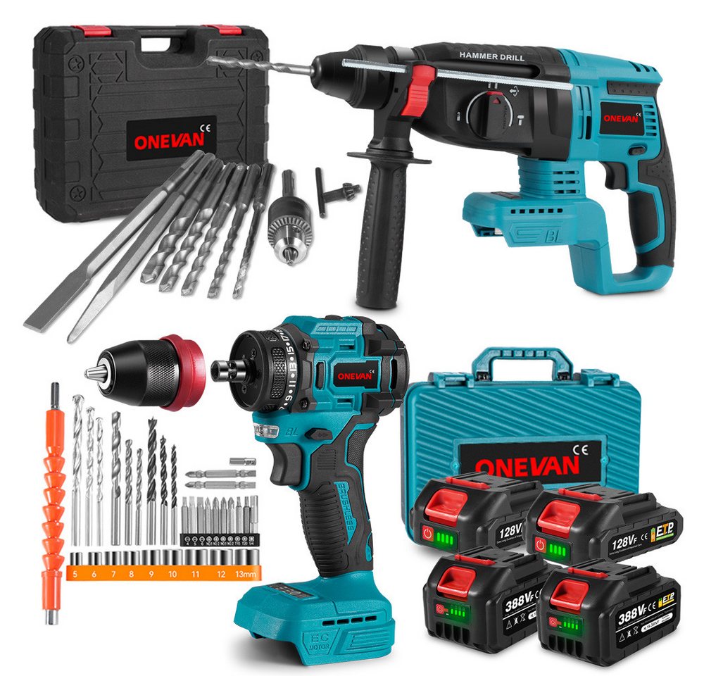 ONEVAN Akku-Bohrschrauber 4-in-1 Elektrisch Bohrhammer Set Bürstenlos 4-in-1 SDS Plus Bohrhammer, (2-tlg), mit 4 x Akkus für Heimwerker und Bauarbeiten von ONEVAN