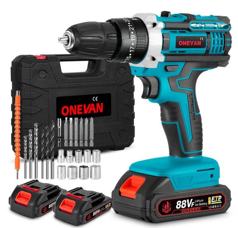 ONEVAN Akku-Bohrschrauber Akkuschrauber 21V Bohrschrauber Set, 25+1 Drehmomentstufen Akkubohrer, max. 1550 U/min, mit 2x Akkus 10mm Bohrfutter 24 Zubehör Tragetasche von ONEVAN