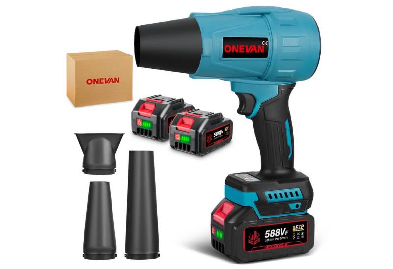 ONEVAN Akku-Gebläse Turbo Luftgebläse 300 m/s Bürstenlosen Laubbläser mit 2 × Akkus, 4x Düse, Handbläser Turbogebläse für Garten, Auto, Freien, Haus von ONEVAN