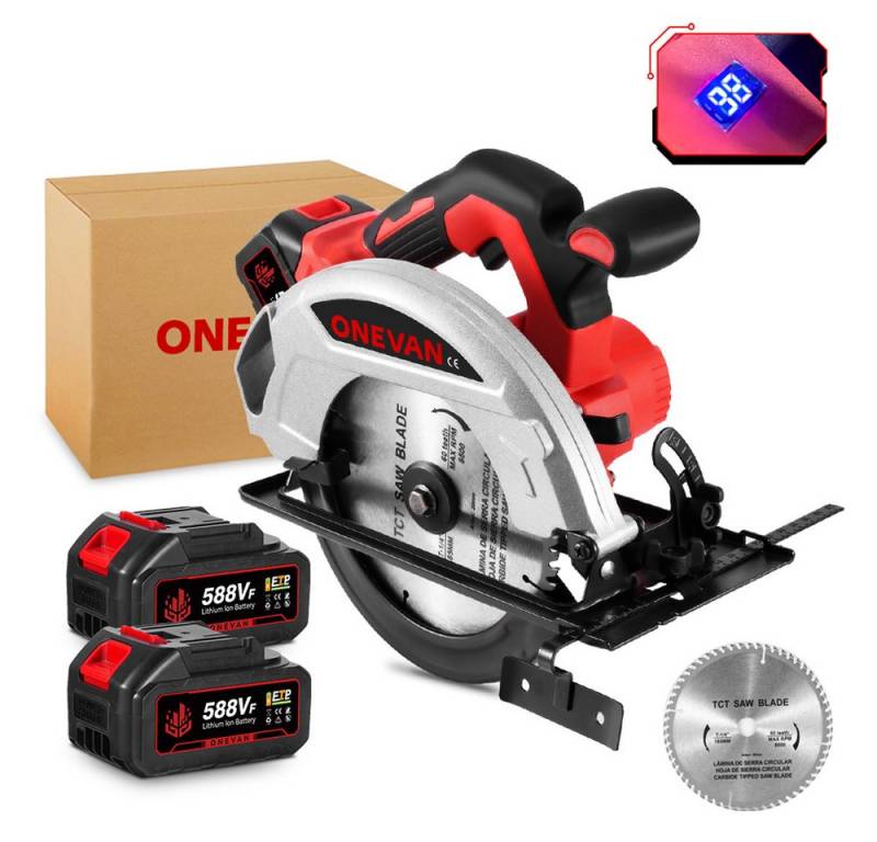 ONEVAN Akku-Handkreissäge Bürstenlose Akku Kreissäge 9000 U/min Sägeblattdurchmesser 185mm, Schnitttiefe 45mm, Mit 2 Akku, für Weiche und Harte Hölzer von ONEVAN