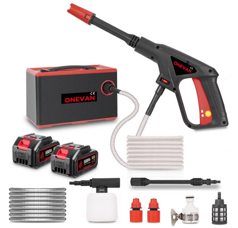ONEVAN Akku-Hochdruckreiniger 80 Bar Bürstenlos mobiler Flächenreiniger mit 2 × Akkus, 10m Schlauch, Druck max: 80 bar, 500 W, Fördermenge max: 186 l/h, 5m Wasserzulaufrohr, für Autos/Zäune/Garten/Patios von ONEVAN