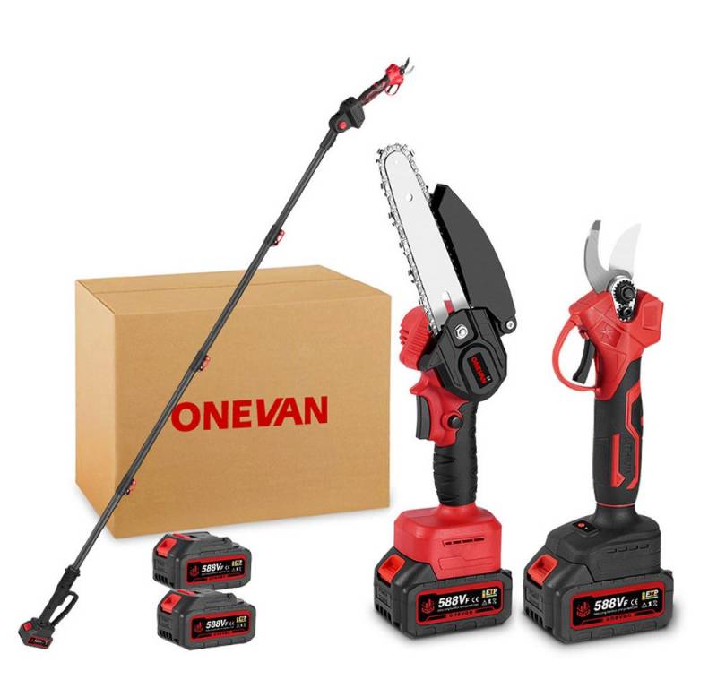 ONEVAN Akku-Hochentaster 3-in-1 Akku-Astschere – Bürstenlose Elektrische Gartenschere, Kettensäge, 2m ausziehbar, inkl. 2 Akkus von ONEVAN