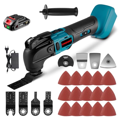 ONEVAN Akku Multitool, 20V Bürstenlos Multifunktionswerkzeug mit 1x 2000mAh Akku und Ladegerät, 4 ° Oszillationswinkel, 5-Gang, Schnellspannverschluss, Kabellos Oszillationswerkzeug inkl. 22 Zubehör von ONEVAN