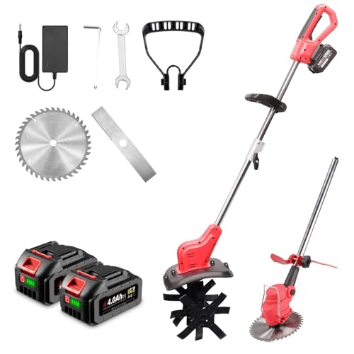 ONEVAN Akku Rasentrimmer & Bodenhacke 2-in-1, Bürstenlos Rasenkantenschneider mit 2 4.0Ah Akkus, 2850W, Verstellbarer Teleskop, Elektro Motorsense inkl. Gartenfräse-Ersatzkopf & 2 8" Schneidklingen von ONEVAN