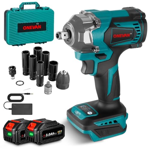 ONEVAN Akku Schlagschrauber, Bürstenloser Schlagschrauber Elektrisch, 700NM 4-Gang Drehschlagschrauber Impact Wrench für Auto Reifenwechsel (Blau, Mit 2 Akkus & 12-Zubehörset) von ONEVAN