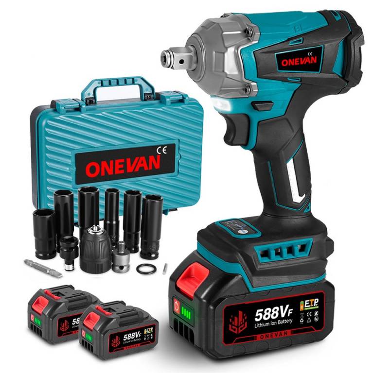 ONEVAN Akku-Schlagschrauber 1/2 Zoll Bürstenloser Motor, 1200Nm Drehschlagschrauber, 2 in 1 Elektro-Schlagschrauber mit 2 Akku von ONEVAN