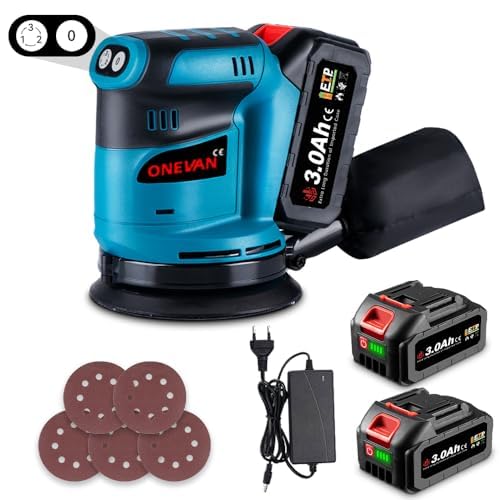 ONEVAN Akku Schleifer 125mm Schleifmaschine Akku Exzenterschleifer 12000U/min, mit Staubbeutel und 5 Schleifpapier, Elektrisch Schleifgerät Holz Metall Schleifen (2 x 3.0Ah Akkus) ONEVAN Akku Schleifer 125mm Schleifmaschine Akku Exzenterschleifer 12000U/min, mit Staubbeutel und 5 Schleifpapier, Elektrisch Schleifgerät Holz Metall Schleifen (2 x 3.0Ah Akkus) von ONEVAN