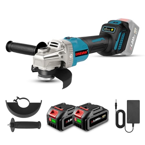 ONEVAN Akku Winkelschleifer, 125mm Bürstenloser Winkelschleifer mit 4.0Ah Akkus, 6 Gang Regelbare Drehzahl, 700W Trennschleifer Angle Grinder mit Drehzahlregelung von ONEVAN