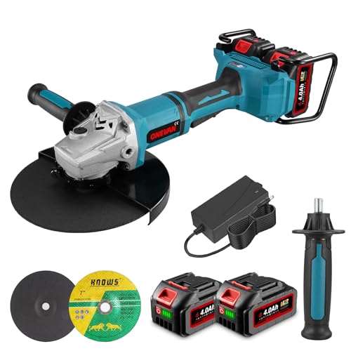 ONEVAN Akku Winkelschleifer, Scheiben-Ø 180 mm, 40V Professional Elektrisch Trennschleifer Bürstenlos mit 2 4000mAh Akkus und Schnellladegerät, inkl. Trennscheibe, Diamantscheibe von ONEVAN