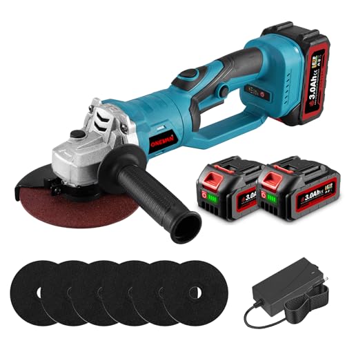 ONEVAN Akku Winkelschleifer 125 mm, 180° Drehbarer für Schneiden Mehrerer Winkel, 3-Gang 0-18000 R/MIN Bürstenlos Winkelschleifer Regelbare Drehzahl mit 2 3000mAh Akkus, Ladegerät, 6 Trennscheiben von ONEVAN