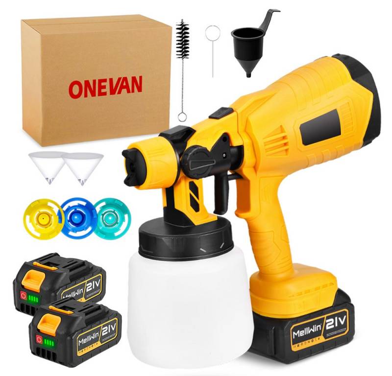 ONEVAN Farbsprühgerät Akku-Farbsprühsystem 1000 ml – Farbsprühgerät mit 3 Düsen & 2× Akkus, ideal für Zäune, Decken, Terrassen & DIY-Malprojekte von ONEVAN