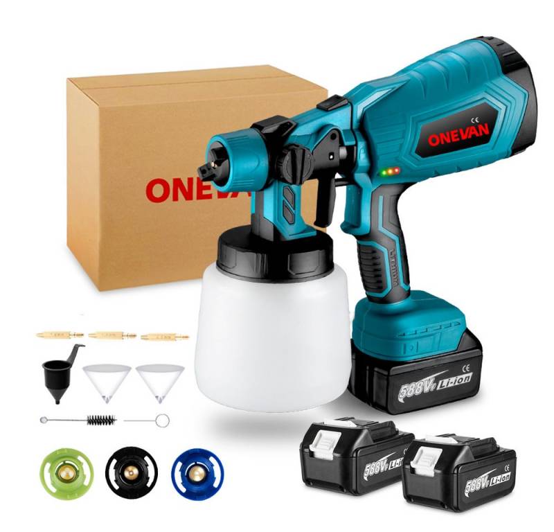 ONEVAN Farbsprühgerät Akku Farbsprühsystem 3-in-1-Sprühbild Farbsprühgerät, 2x Akku & Ladegerät, 1000ml abnehmbarer Behälter von ONEVAN