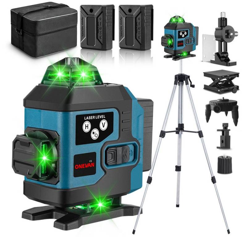 ONEVAN Laserwasserwaage 4D Laser 16 Linien Kreuzlinienlaser mit 1.5m Teleskopstativ, 2 x 3600mAh Akku, 4° Selbstnivellierende von ONEVAN