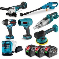 Satz von 7 ONEVAN--125mm Winkelschleifer+ 1800nm Elektroschrauber+ 100Bar Hochdruckreiniger + Exzenterschleifer + Akku-Laubbläser + von ONEVAN