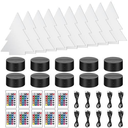 3D-Nacht-LED-Licht-Lampensockel, ONEVER16 Farben LED-Sockel mit 10 Stück DIY-Acryl-Lichtsockel, LED-Lichtsockel mit Fernbedienung und Touch-Steuerung für Schlafzimmer (Typ Weihnachtsbaum) von ONEVER