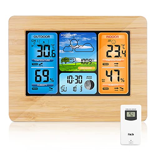 ONEVER Funkwetterstation Digital Color Forecast Wetterstation Mit Alarm und Temperatur/Feuchte/Barometer/Alarm/Mondphase Wetteruhr Mit Außensensor Schwarz von ONEVER