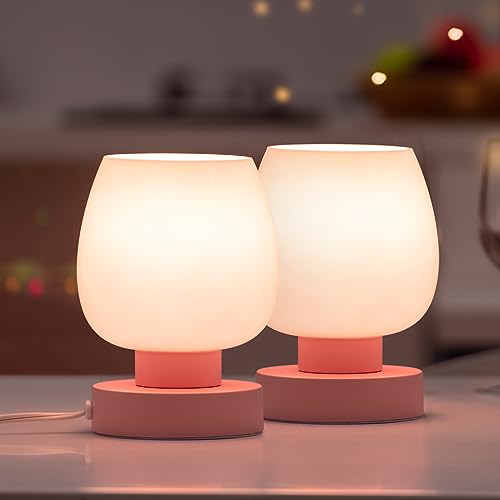 Nachttischlampe Touch Dimmbar – Moderne Tischlampe für Schlafzimmer, Wohnzimmer, Schreibtischlampe mit Opalglas Lampenschirm, warme LED-Glühbirne, dreifach dimmbar, einfaches Design Rosa 2 Stück von ONEWISH
