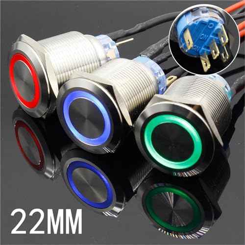 1PC Bunte Nützliche 5V 12V 24V 220V 22mm LED Power Push Button Switch Momentary/rastend Wasserdichtes Metall Selbsthemmend(White,LOCKING_12V) von ONGCPQPEO