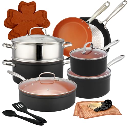 ONGIFT 24-teiliges Topf- und Pfannenset, antihaftbeschichtet, Keramik-Kochgeschirr-Sets, Küchen-Kochgeschirr-Sets ohne PFAS, PTFE oder PFOA, kompatibel mit allen Herdplatten, ofenfest, Kupfer von ONGIFT